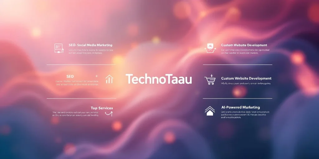 Infographic-style image of TechnoTaau’s top services: SEO, social media marketing, custom websites, and AI-powered solutions.

