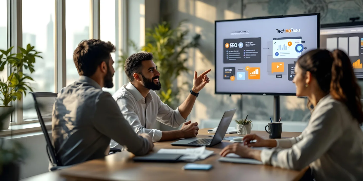 TechnoTaau team consulting with a local business owner in a modern office, presenting digital strategies and solutions.