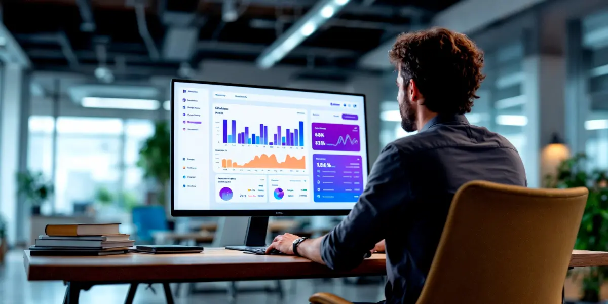 Business professional analyzing performance marketing data on a computer screen in a modern office setting