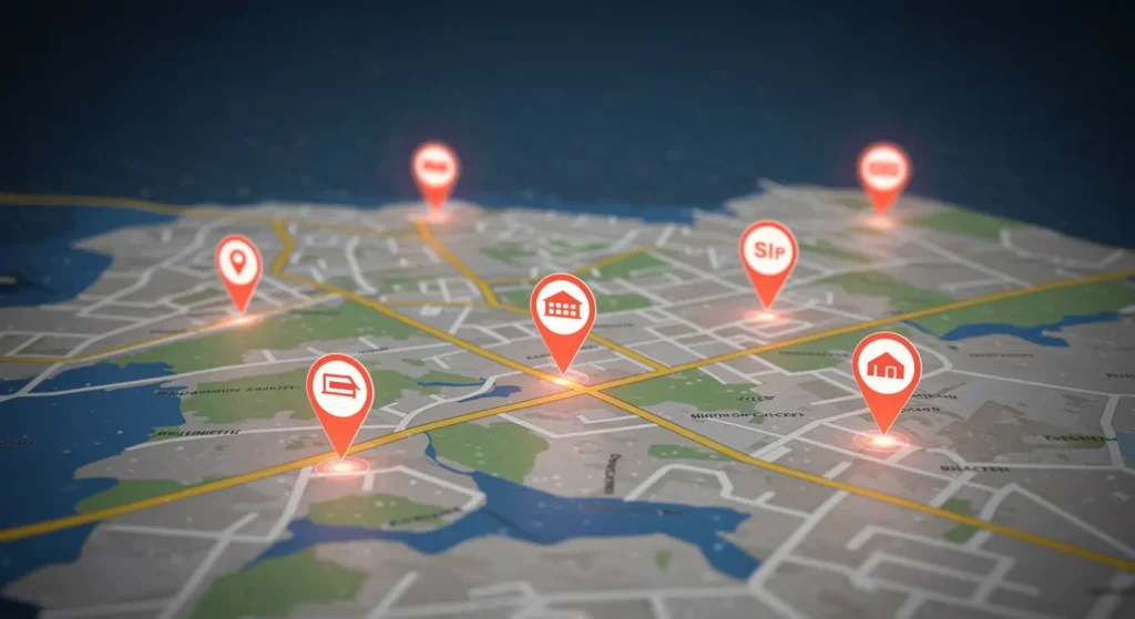 Google Maps with digital location pins marking local businesses like clinics, schools, and shops, representing Local Business SEO and online visibility in Suratgarh.