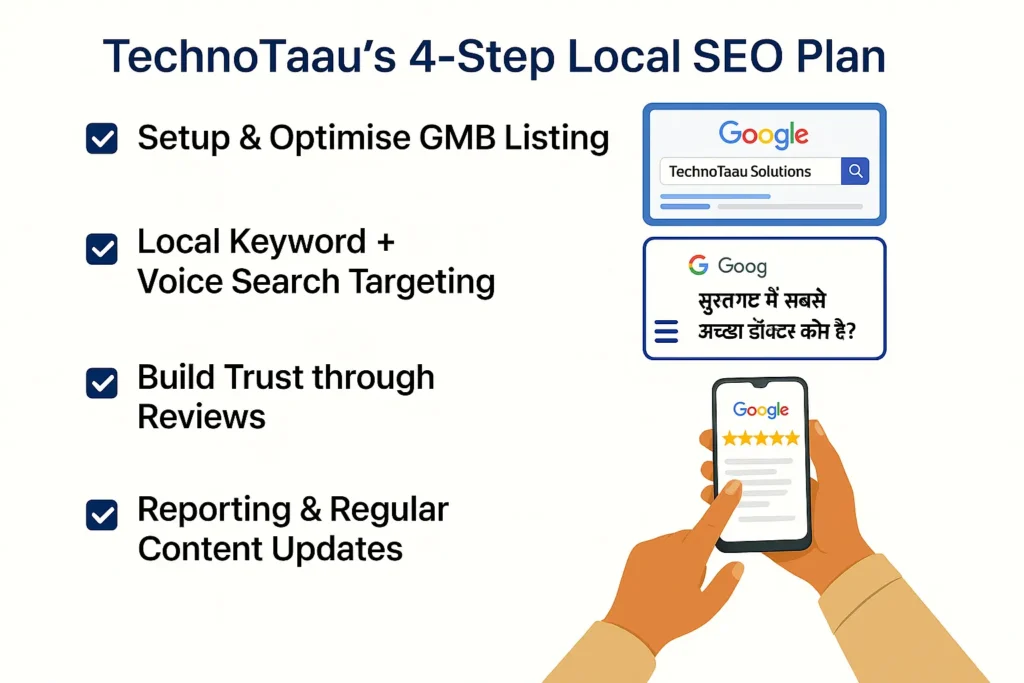 TechnoTaau's 4-Step Local SEO Plan featuring GMB optimization, local keyword and voice search targeting, review management, and content updates, tailored for Suratgarh businesses.