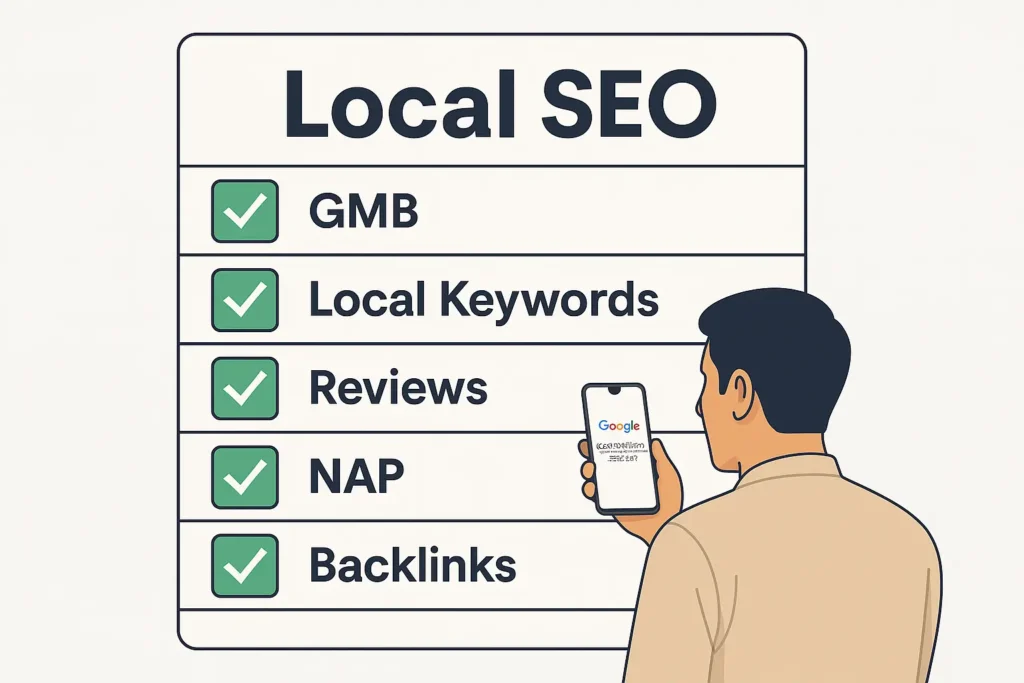 Illustration of Local SEO checklist including GMB, local keywords, reviews, NAP, and backlinks, with a man searching on Google, highlighting the importance of local search optimization.