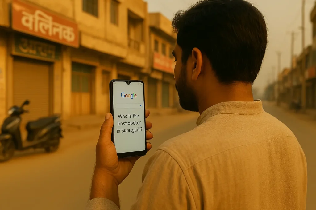 Man using voice search on smartphone to find the best doctor in Suratgarh, highlighting the rise of local SEO, Google My Business, and mobile search trends.