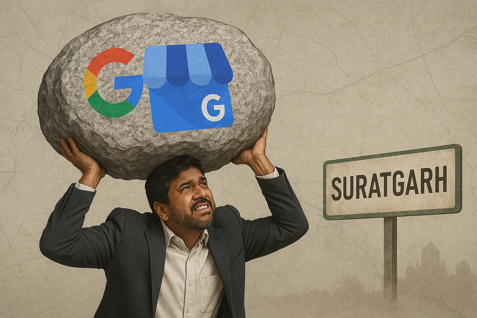Struggling businessman under Google My Business burden with Suratgarh sign – concept of Local SEO in Suratgarh challenges for 2025