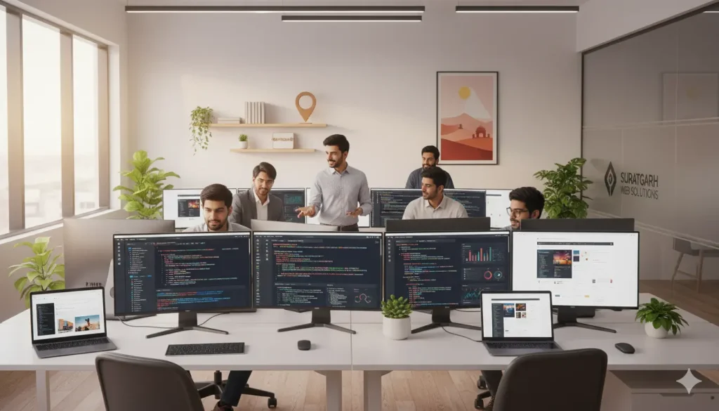 "Team of professional web developers working collaboratively at a modern office of the Best website development company in Suratgarh, coding on multiple monitors with a tech-driven and creative environment."